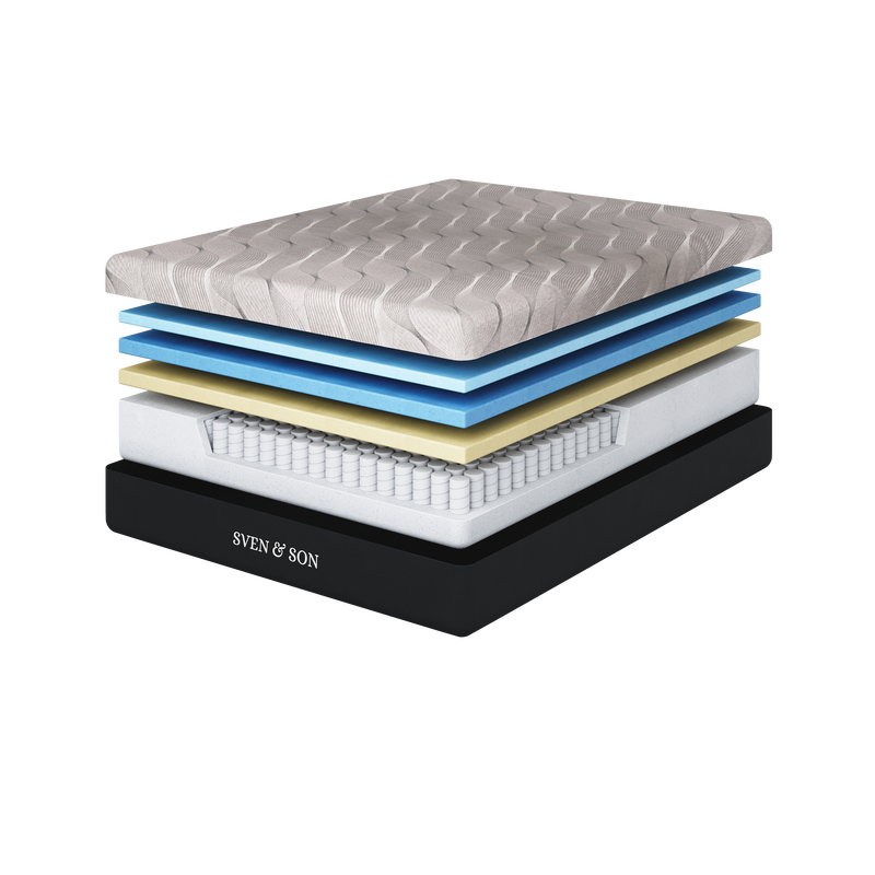 Cutaway manufacturer rendering of Sven and Son 14 inch hybrid mattress with pocketed coils and foam layers