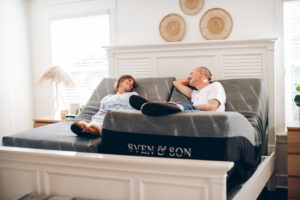 Sven & Son adjustable bed shown elevated in bedroom, manufacturer photograph