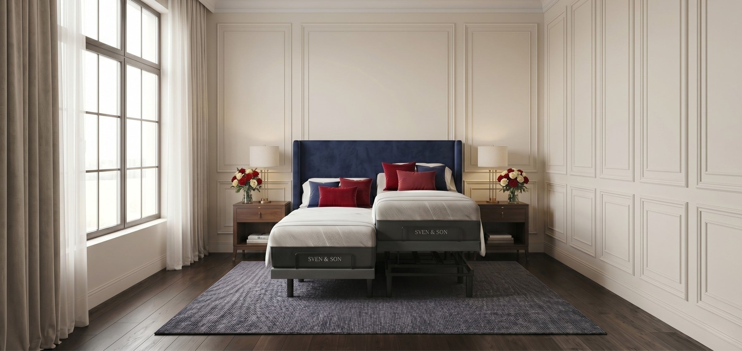 Sven and Son split king adjustable bed with two sides elevated to different positions
