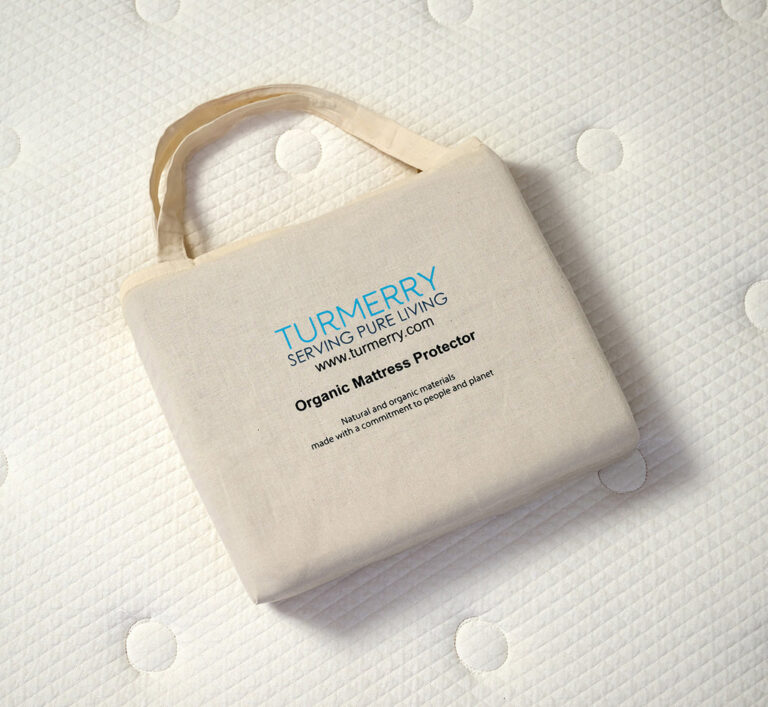 Turmerry organic waterproof mattress protector packaged in cotton bag