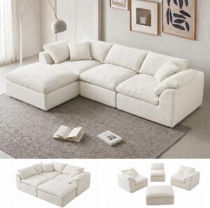 YEFLIXVRAU 110-inch boneless cloud couch sectional in Luxe White with modular L-shaped cushions and ottoman