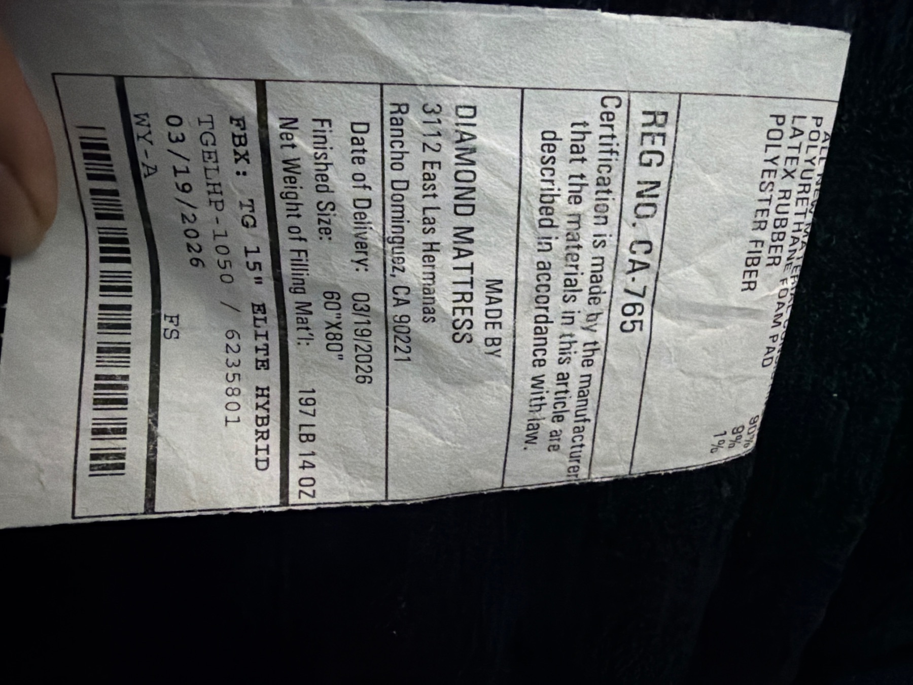 Law label for TG 15 Inch Elite Hybrid mattress by Diamond Mattress.