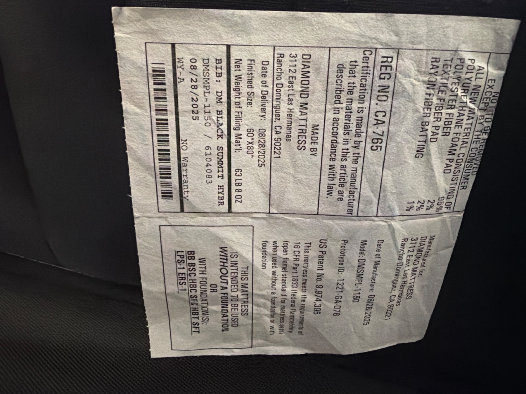 Diamond Black Diamond Lux Hybrid (Plush) Model / specification label photo